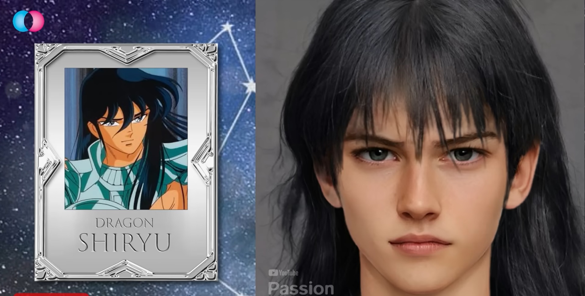 En la imagen se ve la fotografía del caballero del Dragon, Shiryu y como sería si se convierte en un ser humano real