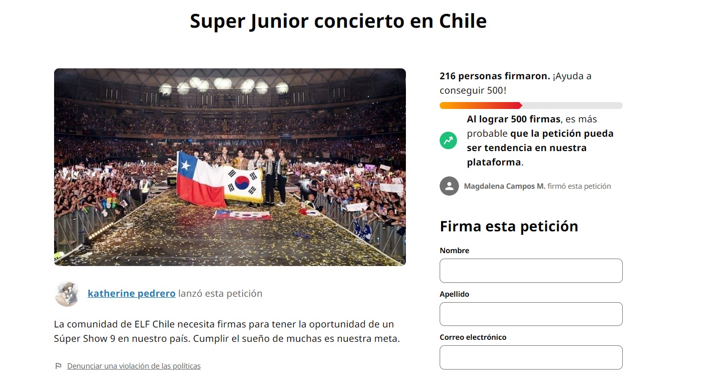 Imagen de la petición realizada en Change.org para que Super Junior se presente en Chile