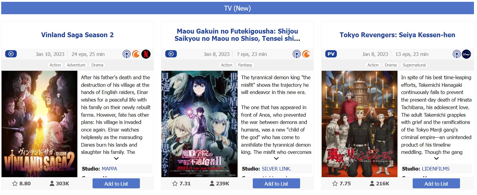 Ranking de los mejores anime de la temporada Enero-Marzo 2023. En el primer lugar está Vinland Saga con más de 300 mil miembros, según Myanimelist
