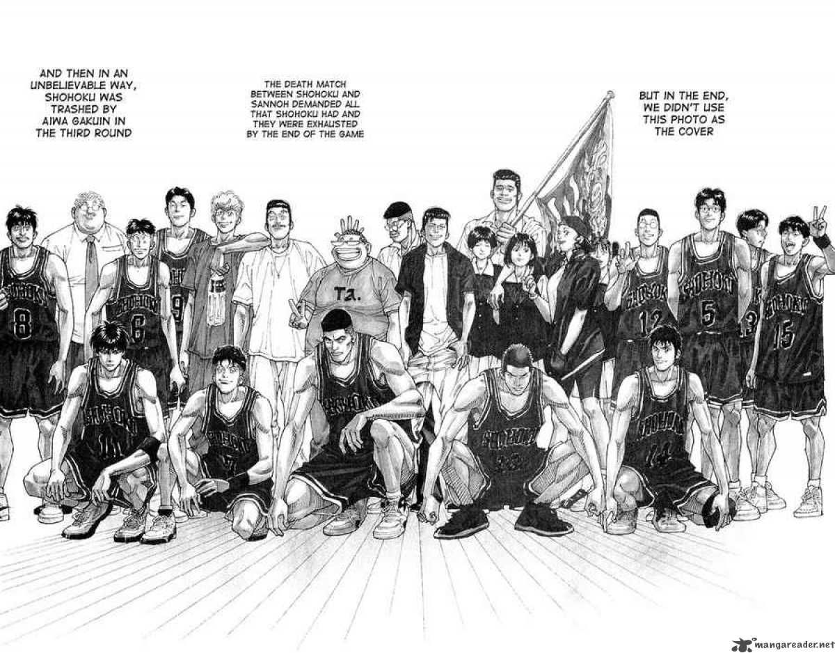 Una de las imágenes finales del manga Slam Dunk, con todo el equipo de Shohoku después de perder las nacionales 