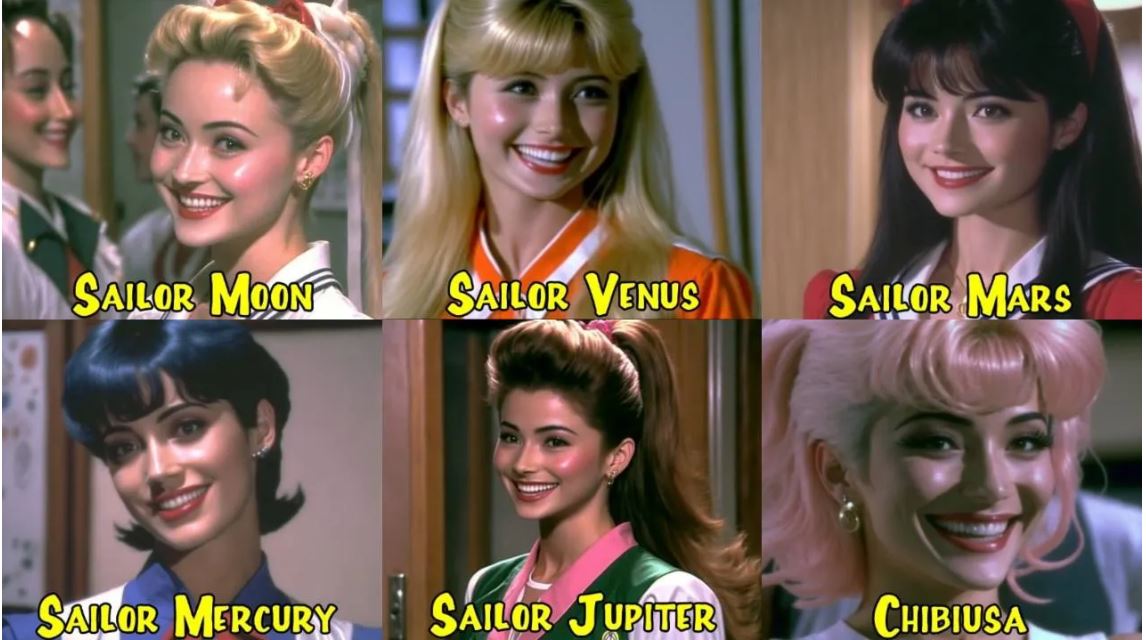 Imagen de las protagonistas de la serie anime Sailor Moon, hechas por una Inteligencia Artificial. Se ven personajes como si fueran una serie de comedia de los años ochenta y live-action