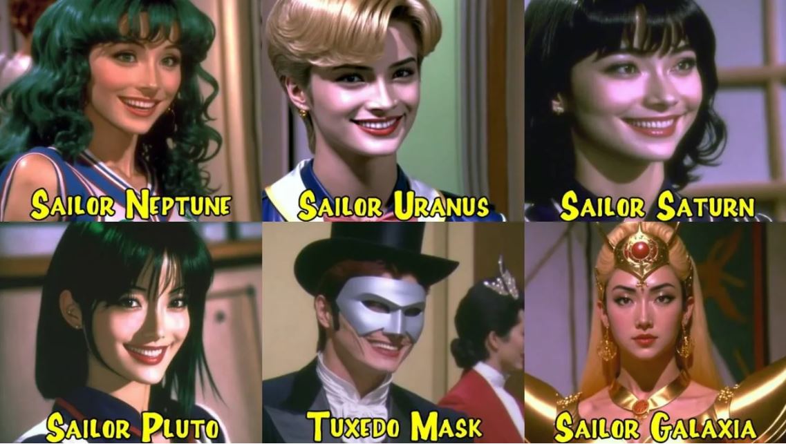 Imagen hecha por Inteligencia artificial sobre los personajes de Sailor Moon, como si fuera una sitcom de los años ochenta 