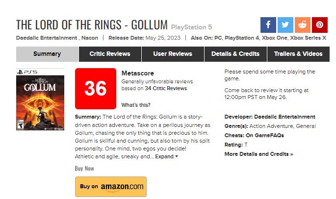 Puntuacion de Gollum en Metacritic