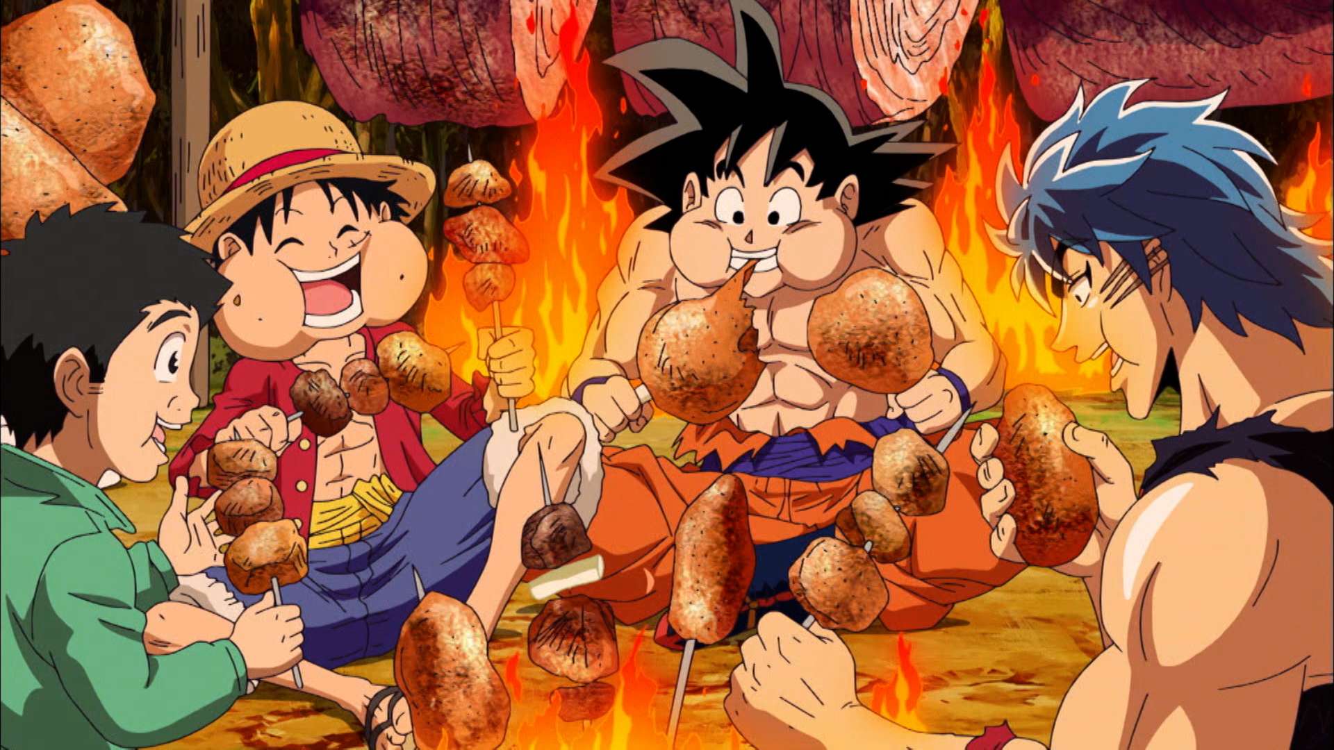 Luffy comiendo junto a Goku y Toriko