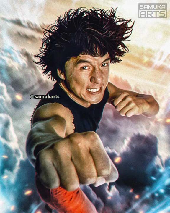 Goku posando como Jackie Chan