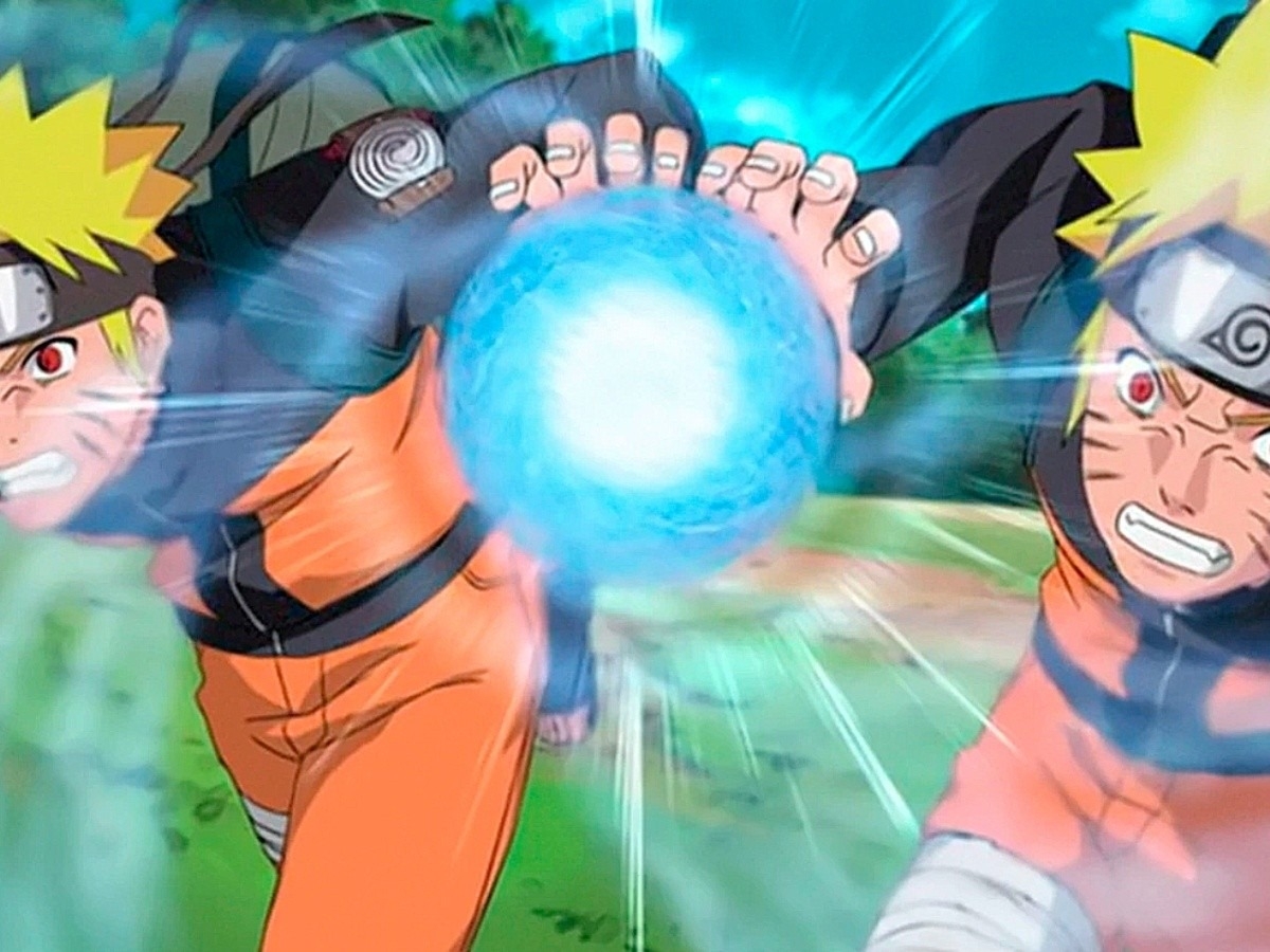 Naruto Uzumaki y un clon de sombra haciendo el Rasengan en conjunto