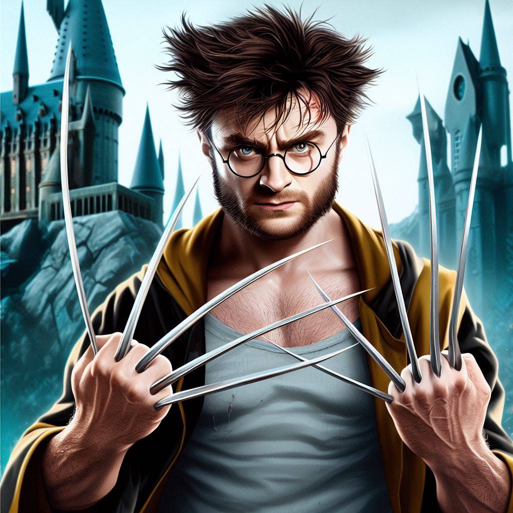 Daniel Radcliffe con la túnica de Harry Potter y el aspecto de Wolverine 