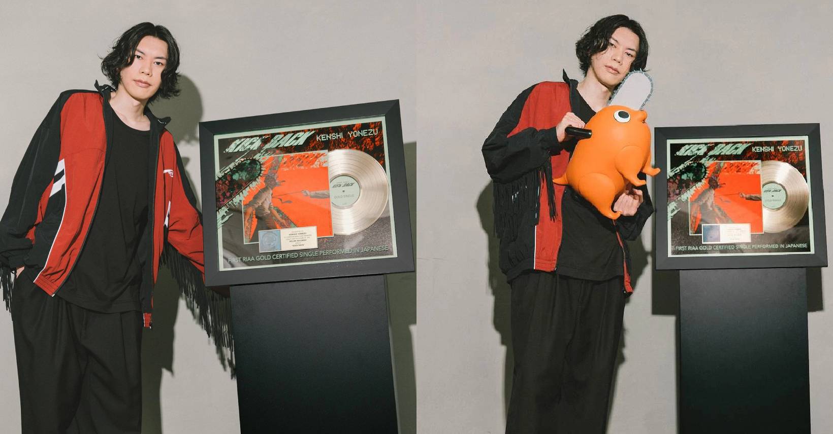 Autor del opening de Chainsaw Man, Kenshi Yonezu, posando junto a su disco de oro por KICKBACK