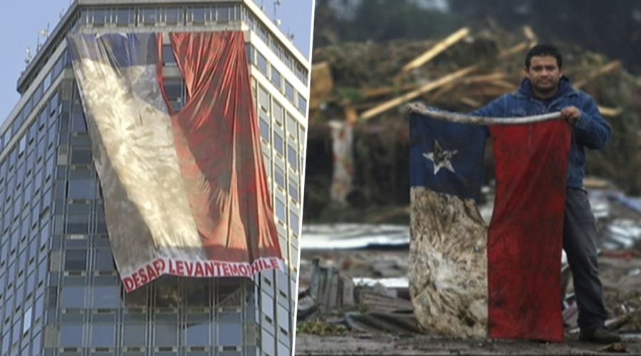 A 10 años del terremoto y tsunami despliegan desde edificio réplica de icónica bandera del 27F