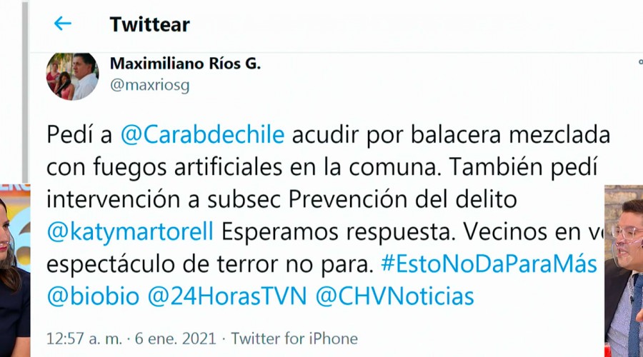 Alcalde de Lo Prado denuncia a través de Twitter noche de balaceras y fuegos artificales en la comuna