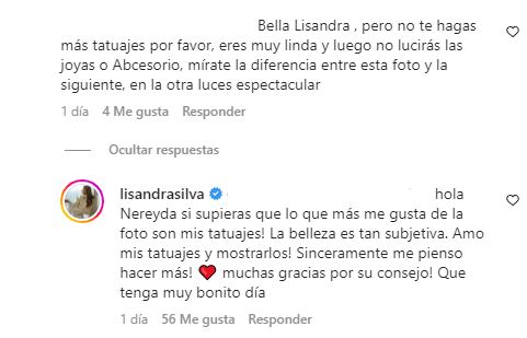 Respuesta de Lisandra Silva a usuaria de Instagram