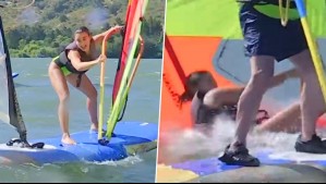 Sufrió una doble caída: El divertido chascarro de Tita Ureta mientras practicaba Windsurf en el Lago Rapel