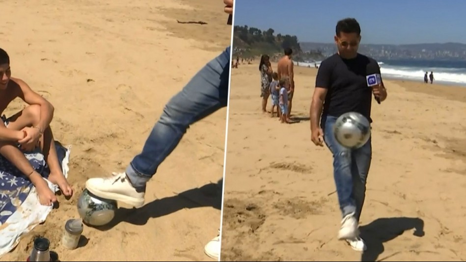 Karim Butte desafió a un grupo de argentinos a dominar la pelota en la playa: La arena jugó en su contra