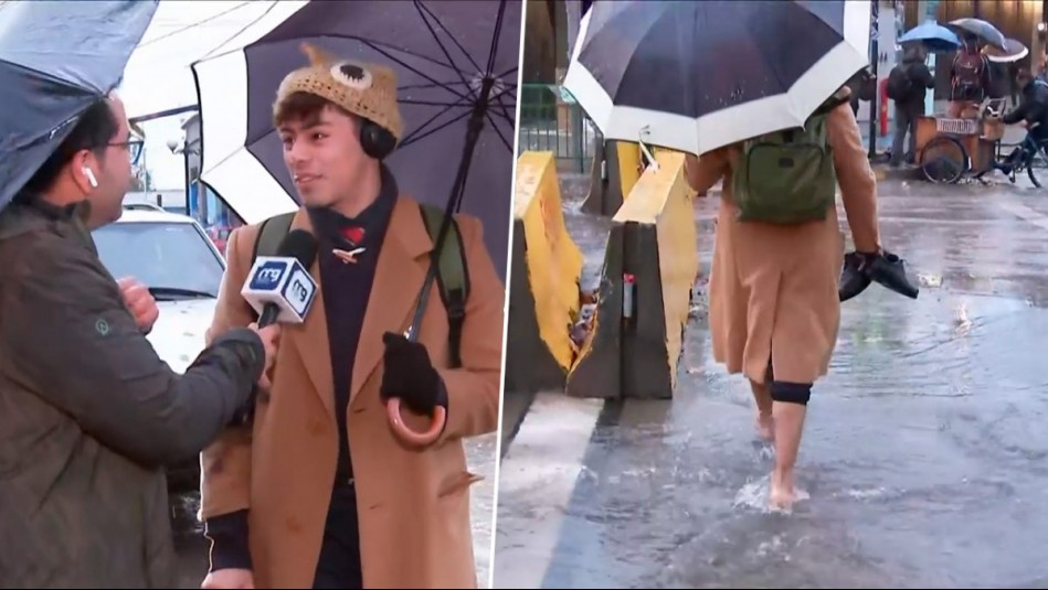 'Sacrificios que hay que hacer': Universitario debió cruzar descalzo calle inundada para lograr llegar a clase