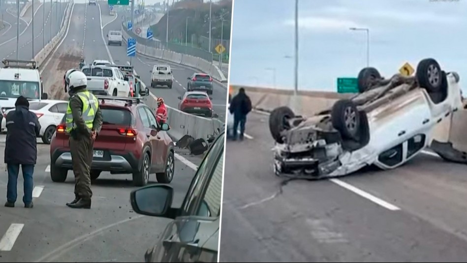 Choque múltiple en Pudahuel: Colisión entre ocho autos termina con camioneta volcada