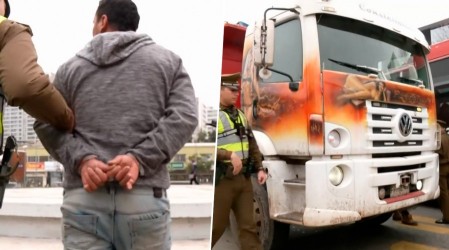 Detienen a extranjero que conducía camión sin licencia y patente oculta: Llevaba carro con retroexcavadora