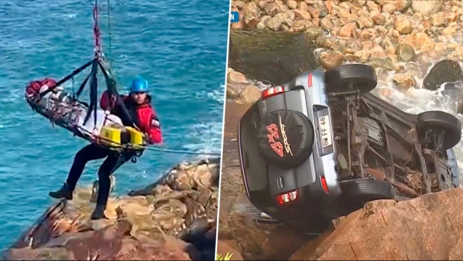 Auto vuelca y cae en los roqueríos en Viña del Mar: Madre e hijo debieron ser rescatados de emergencia