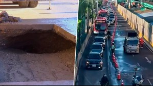 Socavón sorprende a automovilistas en Peñalolén tras lluvias: Kilométrico taco en caletera de Américo Vespucio
