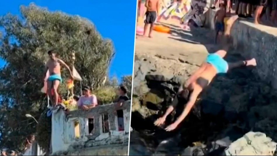 Se lanzó desde gran altura a roqueríos: Captan peligroso piquero de bañista en playa Las Torpederas