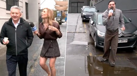 "¡No está lloviendo, don Jaime!": Neme y Karen Doggenweiler sufren cómico chascarro por lluvias en Santiago