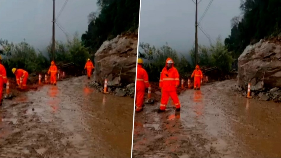 Enorme roca bloquea ruta Q-61 en Alto Biobío: Evalúan utilizar dinamita para despejar camino