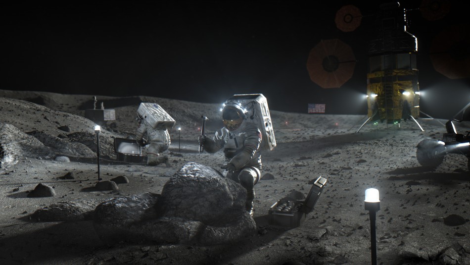 Ilustración de los astronautas de Artemisa en la Luna. NASA adjudica contratos para desarrollar nave que llevará a la primera mujer a la Luna en 2024