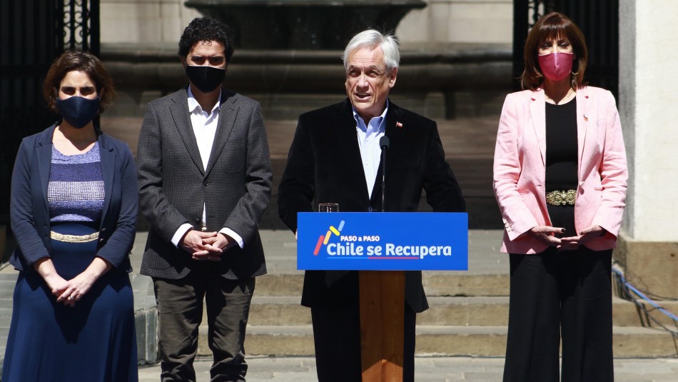 Piñera y parte de su gabinete. Piñera anuncia plan de subsidio al empleo: Se enfoca en la contratación de mujeres y jóvenes