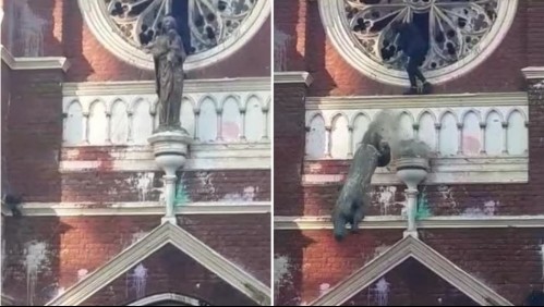 Video muestra momento en que encapuchado derriba figura religiosa de la iglesia de Carabineros