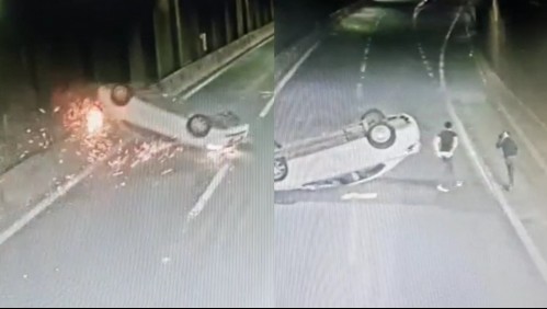 Impactante volcamiento en autopista de sujetos que habían asaltado a chofer de aplicación