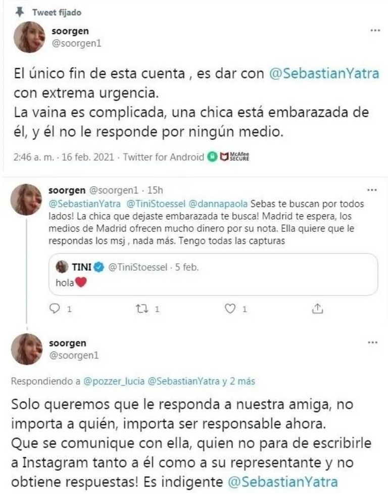 Tuits de denuncia contra Sebastián Yatra