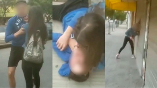 Mujer intenta ahorcar a su novio y luego comienza a golpearse contra cortina de local comercial