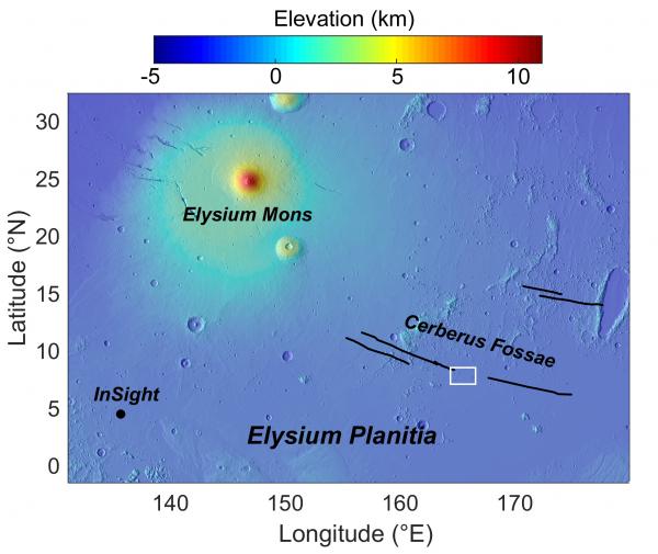 El círculo coloreado corresponde a la nueva zona volcánica en Marte