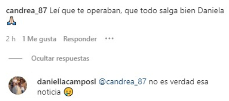 Daniella Campos aclarando que no se someterá a ninguna operación nuevamente
