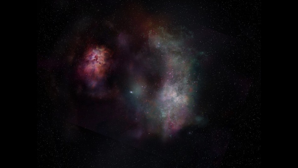 galaxia-spt0311-58 epresentación artística muestra el continuo de polvo y las líneas moleculares del monóxido de carbono y el agua observadas en la pareja de galaxias conocida como SPT0311-58