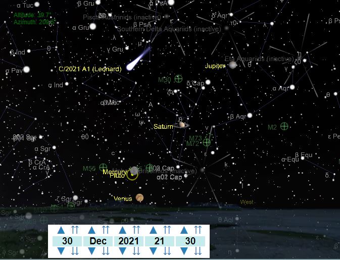 Captura de ubicación de cometa Leonard en el cielo desde la ciudad de Santiago, a las 21:30 horas