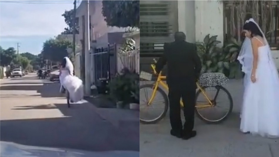 En bicicleta: Video capta el momento en que un padre lleva a su hija a casarse a la iglesia
