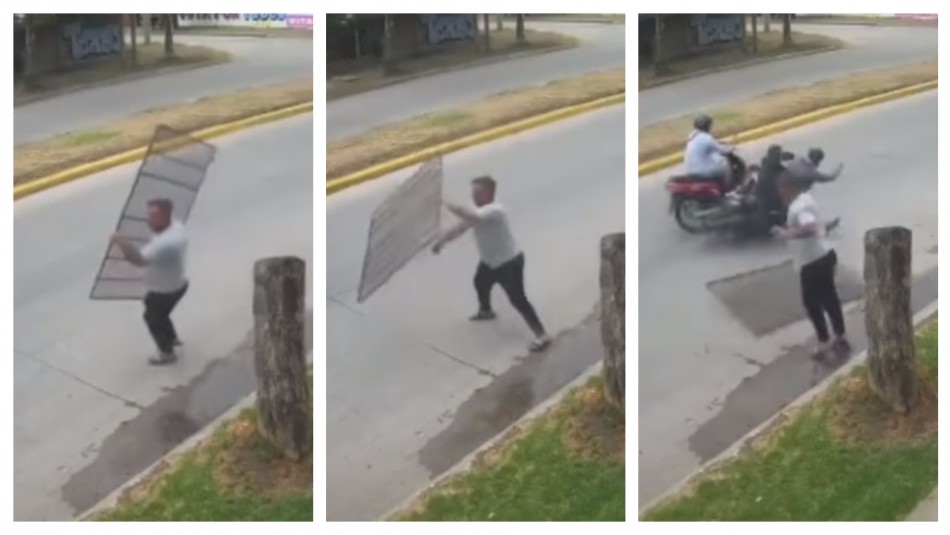 Video muestra momento exacto en que un hombre frustra un asalto al lanzar una reja a unos motochorros