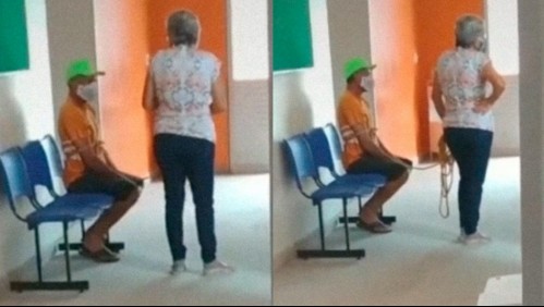 Mujer lleva amarrado con una cuerda a su marido para vacunarlo contra el Covid-19 y se hace viral