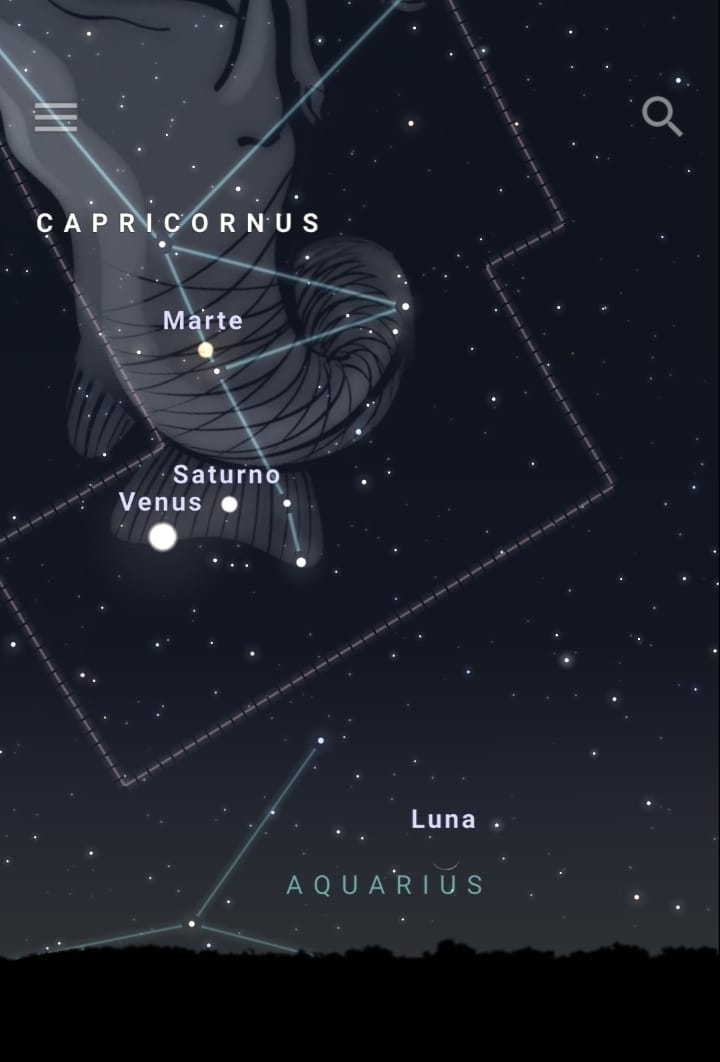 Ubicación de la conjunción, con respecto a la Luna, visible desde Santiago el 28 de marzo a las 05:20