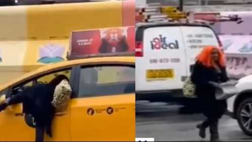 Mujer con peluca naranja sale arrancando luego de romper el vidrio de un taxi con un ladrillo para robar un celular