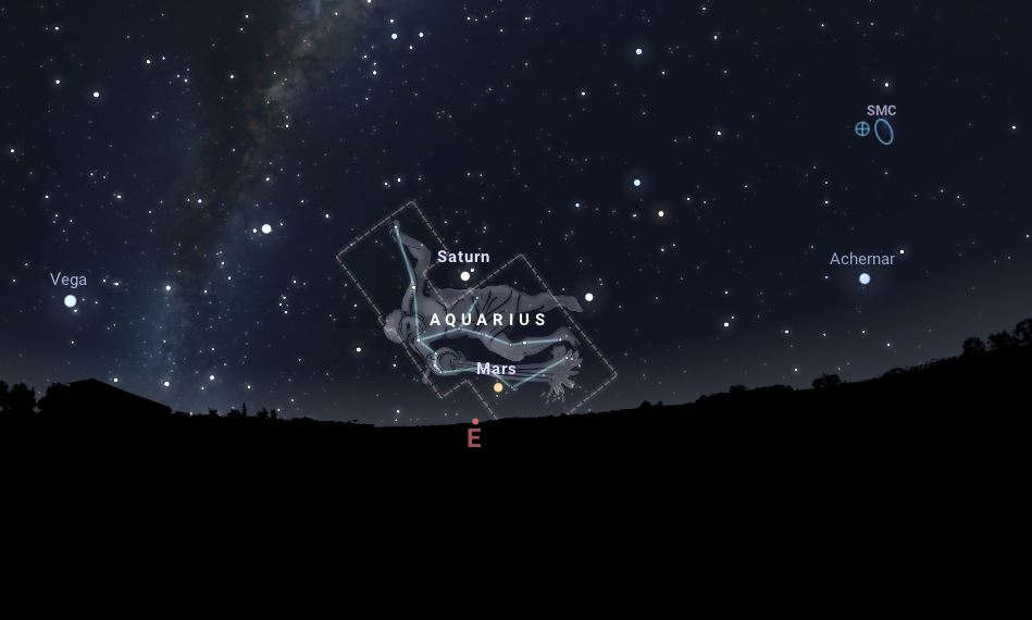 Ubicación de constelación de Acuario en el cielo nocturno de Santiago, cerca de las 3 am.