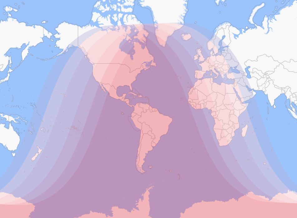 Mapa mundial con la visibilidad del eclipse marcada en rojo. Mientras más intenso el color, mejor será la observación
