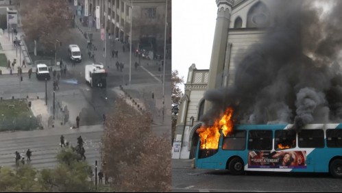 Desvíos de tránsito por la Alameda y quema de un bus del Transantiago tras marcha estudiantil