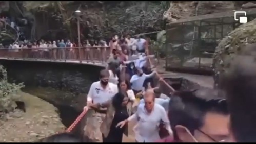 Video registra momento en que un puente colgante se desploma cuando inauguraban arreglos