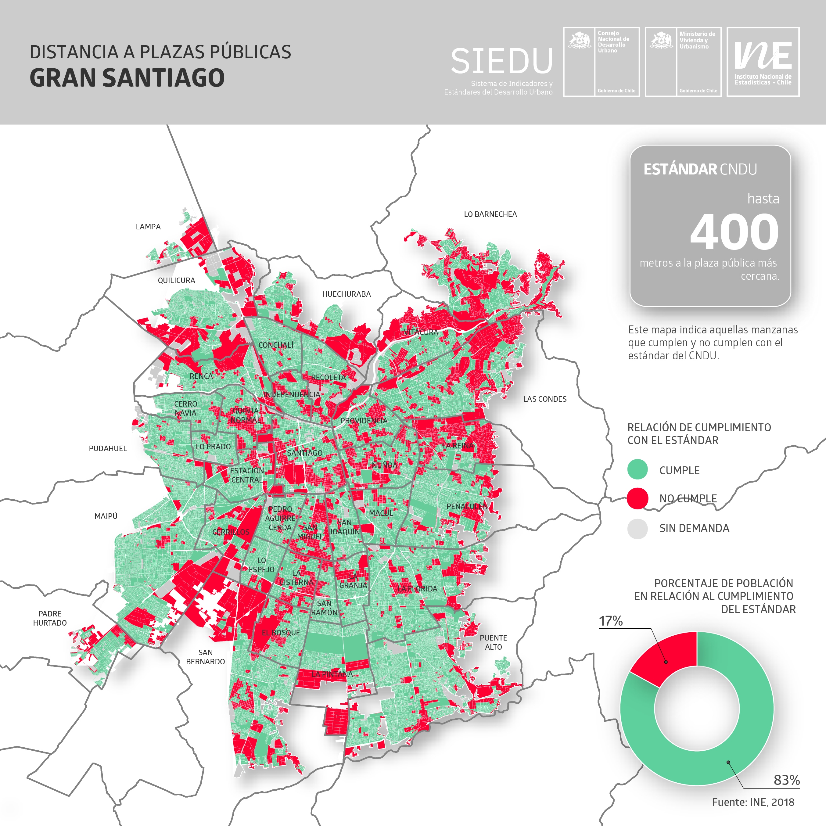 Mapa de comunas y su acceso cercano a plazas o áreas verdes Créditos: Minvu (2019)