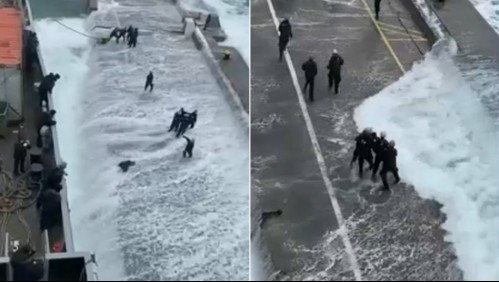 Video muestra a grupo de marinos siendo impactados por oleaje en Valparaíso: Uno de ellos fue arrastrado