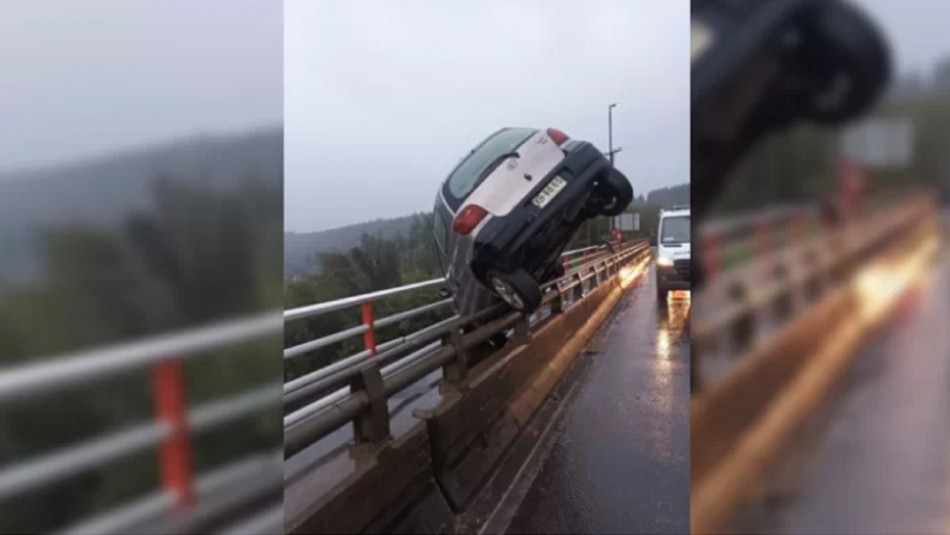 A centímetros de caer: vehículo choca con barreras de contención del puente Malleco
