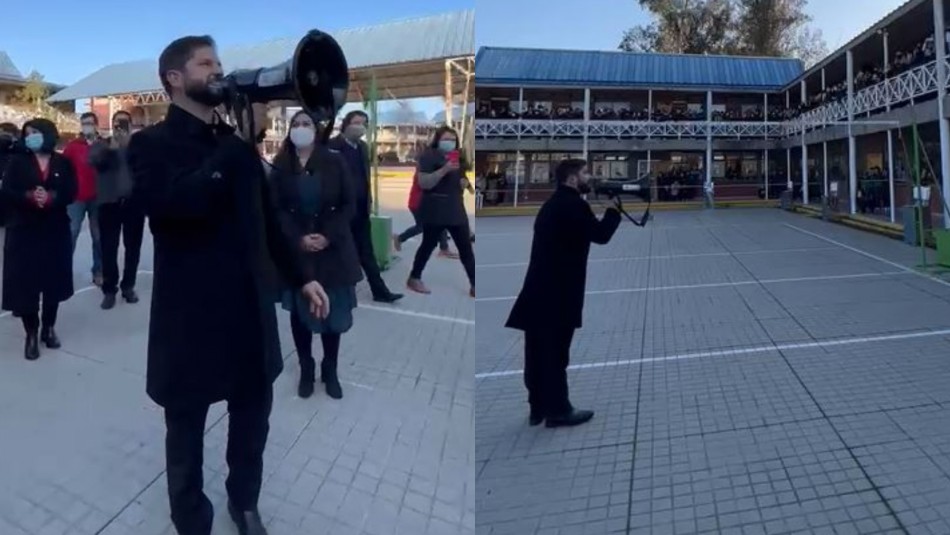 Boric habla con megáfono a estudiantes de liceo en Talagante: Boric habla con megáfono a estudiantes de liceo en Talagante: