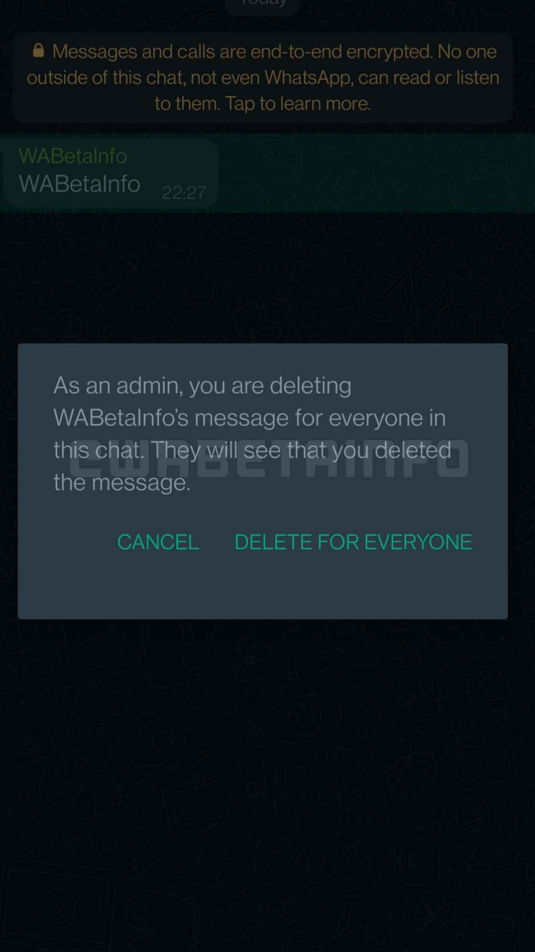 La advertencia tras elegir borrar un mensaje de WhatsApp siendo administrador