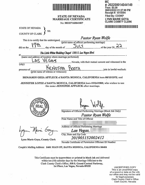 Certificado de boda de JLo
